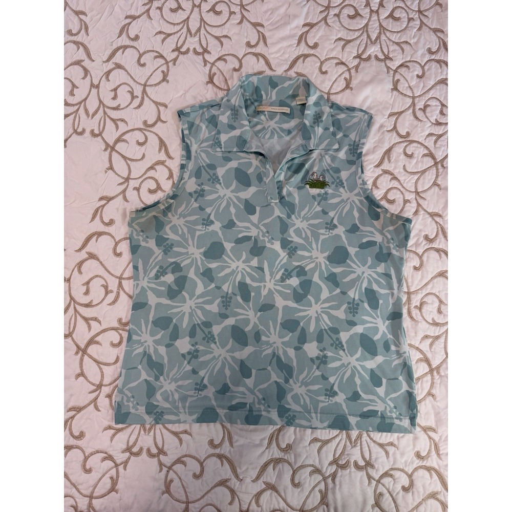 Greg Norman Womens L Golf Polo Shirt Sleeveless Blue Floral Flamingo Embroidered